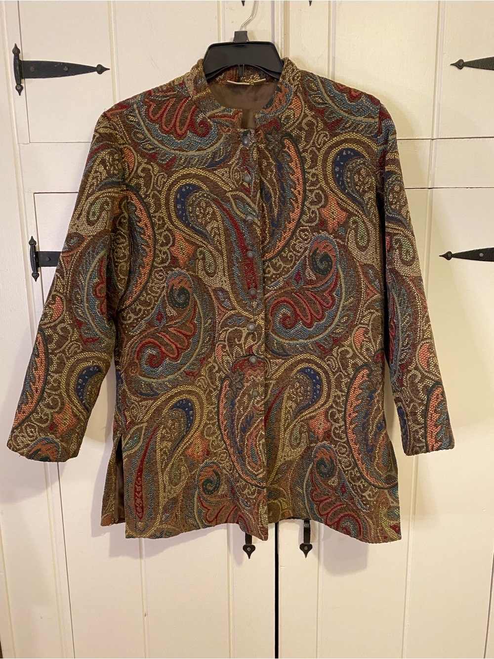 Vintage Chico's tapestry, multi-colored paisley pattern lined jacket. Size 2.